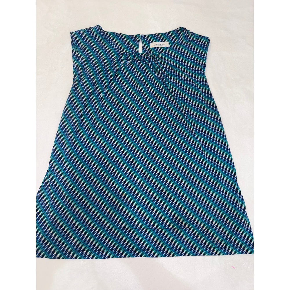 Calvin Klein Womens Blue Teal Geometric Chevron Sleeveless Pleat Neck Blouse